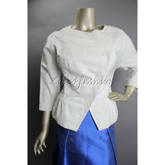 $2990 NWT CAROLINA HERRERA White Textured Print Cotton Silk Peplum Jacket 8